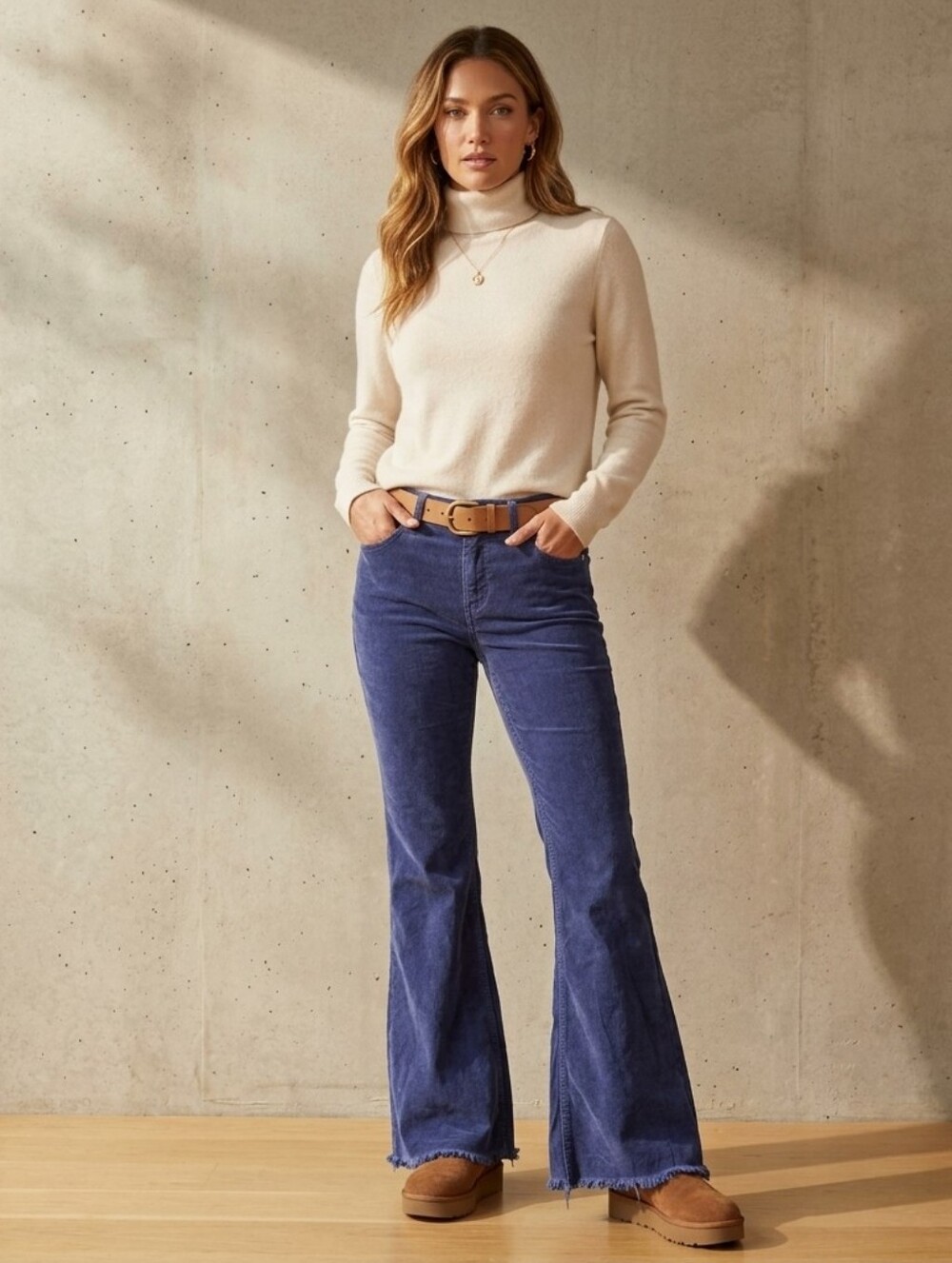 We The Free Jayde Cord Flare Corduroy Jeans Raw Hem Navy Blue SZ 26 70s Retro